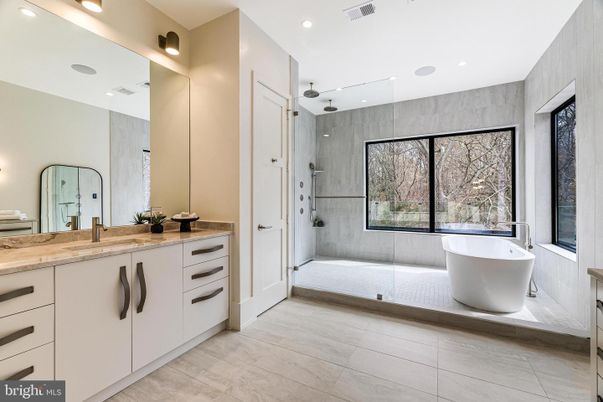 Bathroom, Dual Sink Vanities, Free Standing Baths, Interior, Recessed Lighting, Wood Texture Flooring