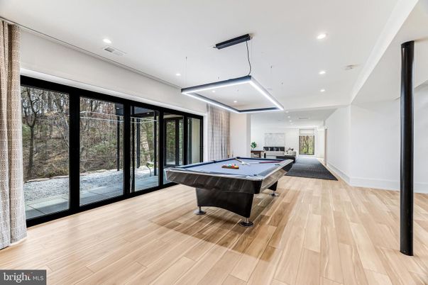 Billiard Table, Game Room, Interior, Pendant Lights, Recessed Lighting, Wood Texture Flooring