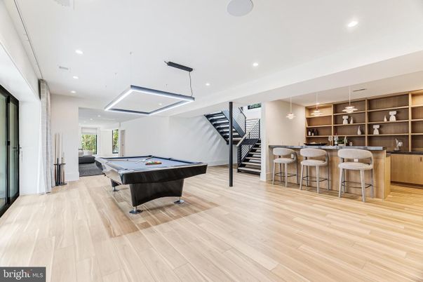 Billiard Table, Game Room, Interior, Pendant Lights, Recessed Lighting, Wood Texture Flooring