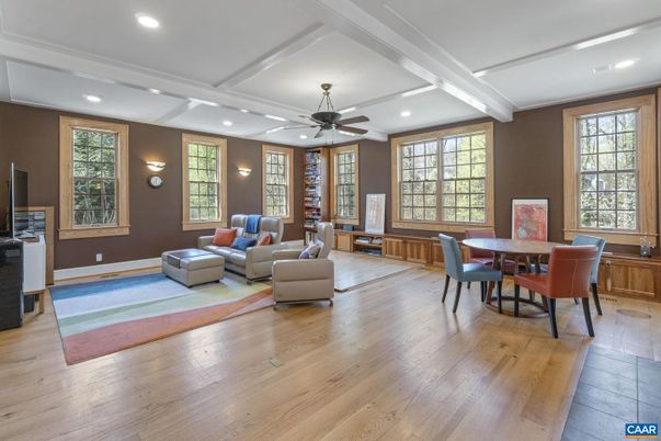 Dining room, Interior, Living room, Recessed Lighting, Wood Texture Flooring
