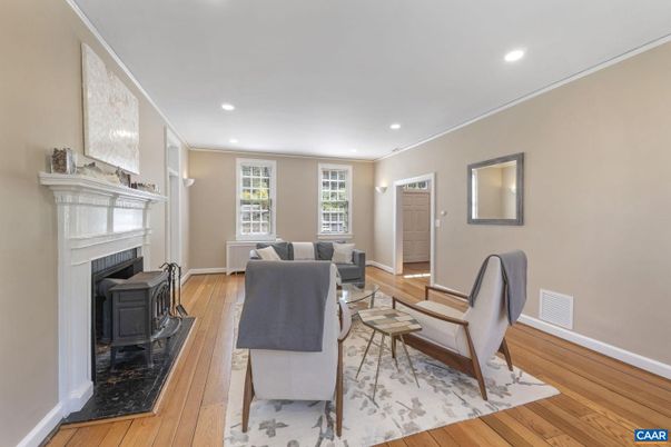 Fireplace, Interior, Living room, Recessed Lighting, Wood Texture Flooring