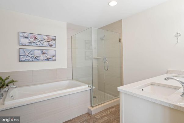 Bathroom, Glass Shower, Interior, Recessed Lighting, Wood Texture Flooring