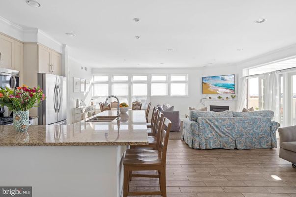 Dining room, Fireplace, Interior, Kitchen, Living room, Recessed Lighting, Wood Texture Flooring