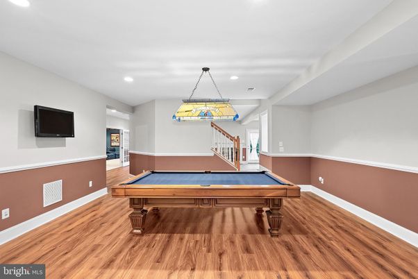 Billiard Table, Game Room, Interior, Pendant Lights, Recessed Lighting, Wood Texture Flooring