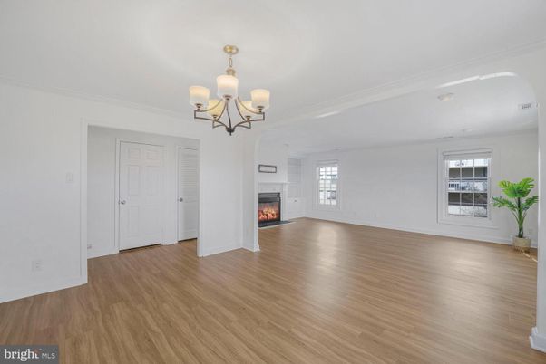 Chandelier, Empty room, Fireplace, Interior, Wood Texture Flooring