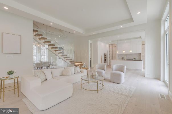 Interior, Kitchen, Living room, Marble Walls, Pendant Lights, Recessed Lighting, Wood Texture Flooring