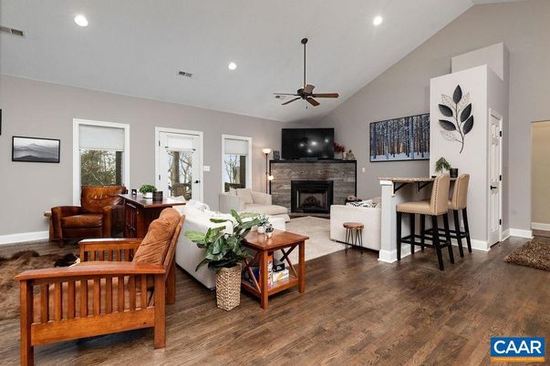 Fireplace, Interior, Living room, Recessed Lighting, Wood Texture Flooring