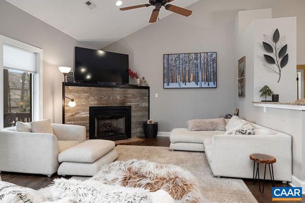 Fireplace, Interior, Living room, Recessed Lighting, Wood Texture Flooring