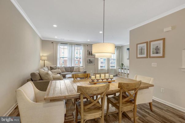Dining room, Interior, Living room, Pendant Lights, Recessed Lighting, Wood Texture Flooring