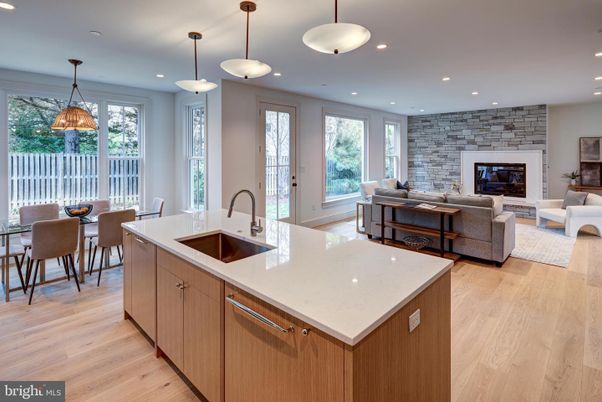 Dining room, Fireplace, Interior, Kitchen, Living room, Pendant Lights, Recessed Lighting, Stone Walls, Wood Texture Flooring