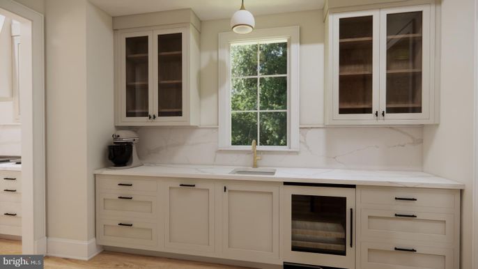 Interior, Kitchen, Marble Walls, Pendant Lights, Wood Texture Flooring