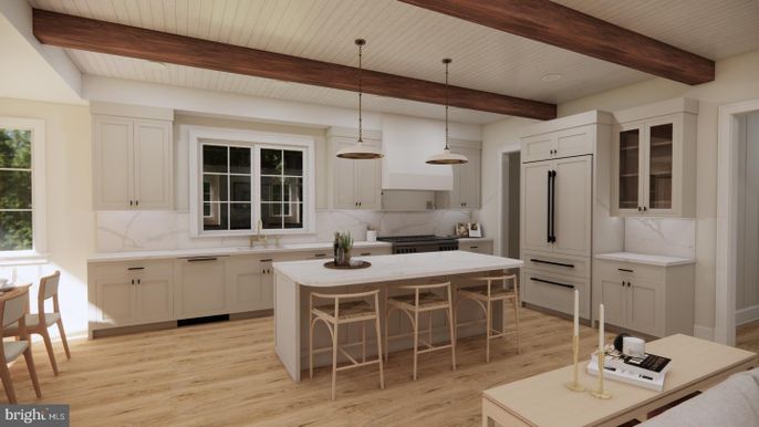 Interior, Kitchen, Marble Walls, Pendant Lights, Stainless Steel Appliances, Wooden Beams, Wood Texture Flooring