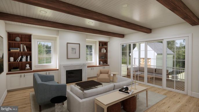 Fireplace, Interior, Living room, Recessed Lighting, Wooden Beams, Wood Texture Flooring