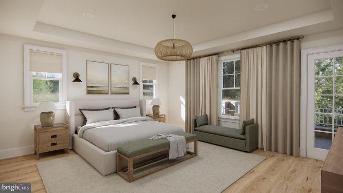 Bedroom, Interior, Pendant Lights, Wood Texture Flooring