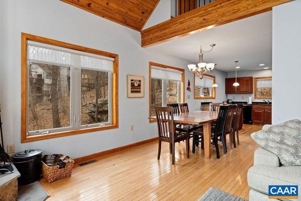 Chandelier, Dining room, Interior, Kitchen, Pendant Lights, Recessed Lighting, Wooden Ceilings, Wood Texture Flooring