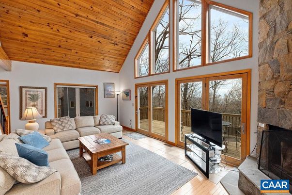 Fireplace, Interior, Living room, Stone Walls, Wooden Ceilings, Wood Texture Flooring