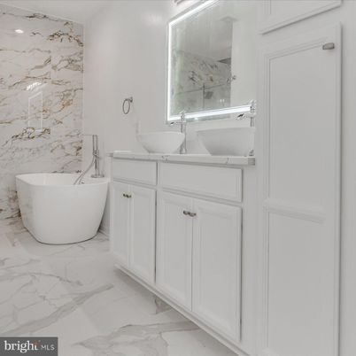 Bathroom, Dual Sink Vanities, Free Standing Baths, Interior, Marble, Marble Walls