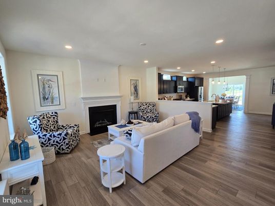 Fireplace, Interior, Kitchen, Living room, Pendant Lights, Recessed Lighting, Wood Texture Flooring
