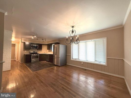 Chandelier, Empty room, Interior, Kitchen, Stainless Steel Appliances, Wood Texture Flooring