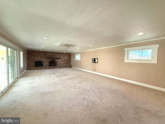 Empty room, Fireplace, Interior, Recessed Lighting, Stone Walls
