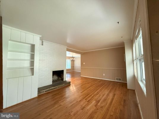 Empty room, Fireplace, Interior, Stone Walls, Wood Texture Flooring