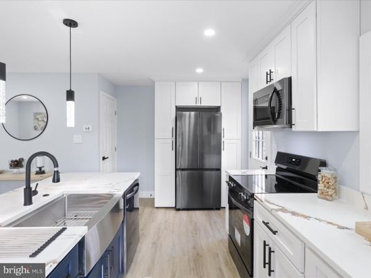 Interior, Kitchen, Pendant Lights, Recessed Lighting, Stainless Steel Appliances, Wood Texture Flooring