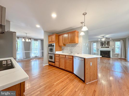 Fireplace, Interior, Kitchen, Pendant Lights, Recessed Lighting, Stainless Steel Appliances, Wood Texture Flooring