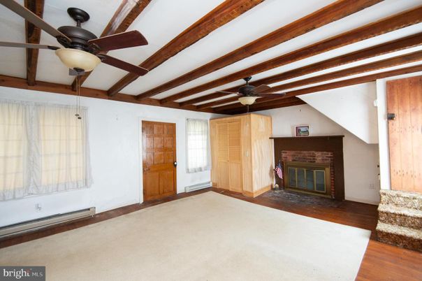 Empty room, Fireplace, Interior, Wooden Beams, Wood Texture Flooring
