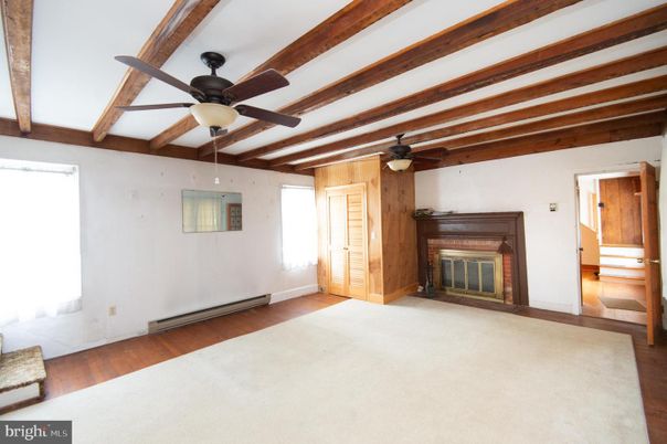 Empty room, Fireplace, Interior, Wooden Beams, Wood Texture Flooring