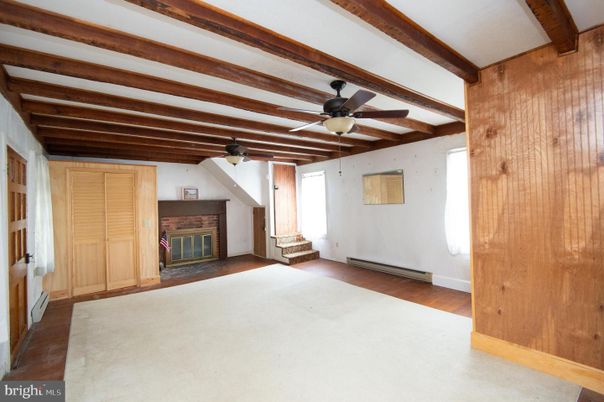 Empty room, Fireplace, Interior, Wooden Beams, Wood Texture Flooring, Wooden Walls