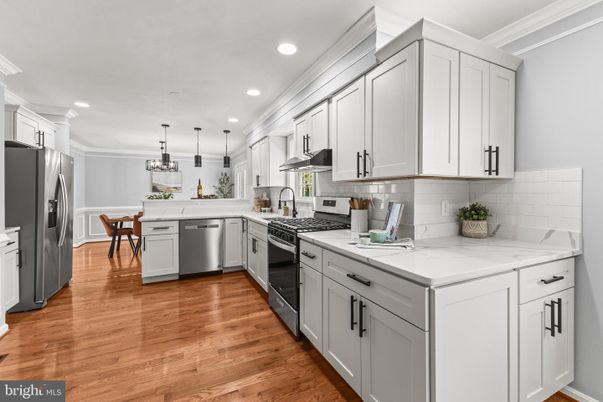 Interior, Kitchen, Pendant Lights, Recessed Lighting, Stainless Steel Appliances, Wood Texture Flooring