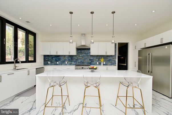 Interior, Kitchen, Marble, Pendant Lights, Recessed Lighting, Stainless Steel Appliances