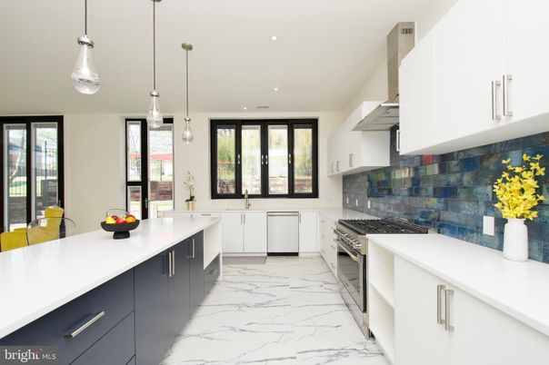 Interior, Kitchen, Marble, Pendant Lights, Recessed Lighting, Stainless Steel Appliances