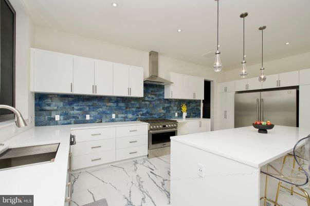 Interior, Kitchen, Marble, Pendant Lights, Recessed Lighting, Stainless Steel Appliances