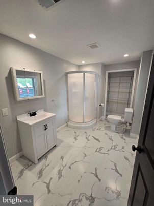 Bathroom, Glass Shower, Interior, Marble, Recessed Lighting