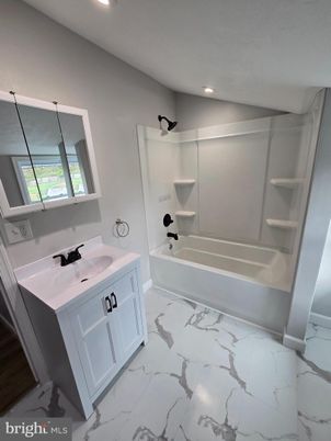 Bathroom, Dual Sink Vanities, Interior, Marble, Recessed Lighting