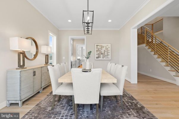 Dining room, Interior, Pendant Lights, Recessed Lighting, Wood Texture Flooring