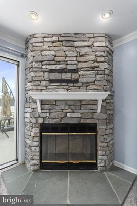 Fireplace, Interior, Recessed Lighting, Stone Walls