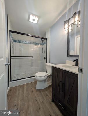 Bathroom, Glass Shower, Interior, Pendant Lights, Wood Texture Flooring