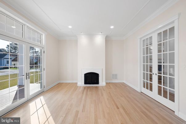 Empty room, Fireplace, Interior, Recessed Lighting, Wood Texture Flooring