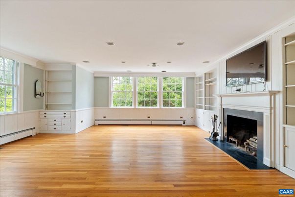 Empty room, Fireplace, Interior, Recessed Lighting, Wood Texture Flooring