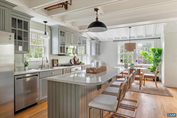 Dining room, Interior, Kitchen, Pendant Lights, Stainless Steel Appliances, Wood Texture Flooring