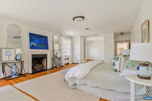 Bedroom, Fireplace, Interior, Wood Texture Flooring