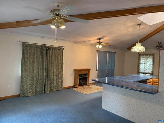Empty room, Fireplace, Interior, Pendant Lights, Wooden Beams