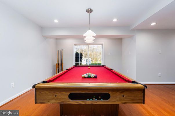 Billiard Table, Game Room, Interior, Pendant Lights, Recessed Lighting, Wood Texture Flooring