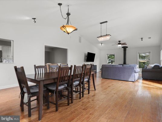 Dining room, Fireplace, Interior, Living room, Pendant Lights, Wood Texture Flooring