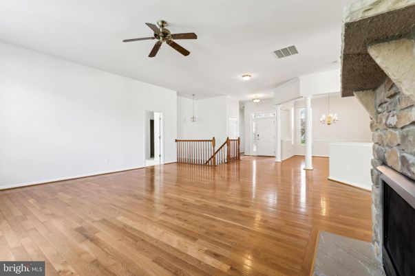 Chandelier, Empty room, Fireplace, Interior, Wood Texture Flooring
