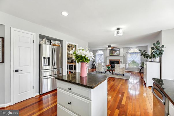 Fireplace, Interior, Kitchen, Living room, Recessed Lighting, Stainless Steel Appliances, Wood Texture Flooring