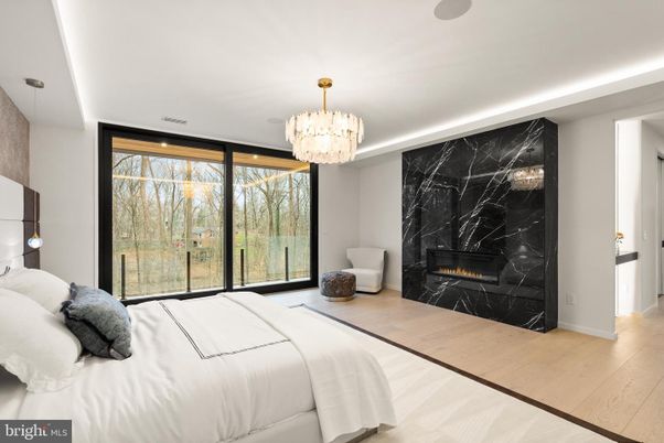 Bedroom, Chandelier, Fireplace, Interior, Marble Walls, Wood Texture Flooring