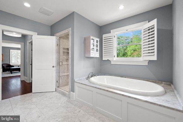 Bathroom, Glass Shower, Interior, Marble, Recessed Lighting, Wood Texture Flooring